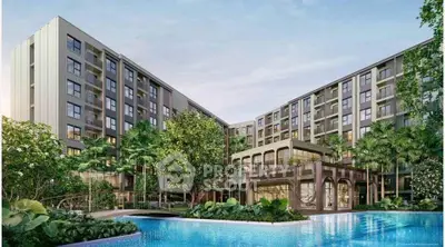 Luxurious modern apartment complex with stunning pool and lush greenery