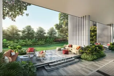 Luxurious garden view from a modern patio with stylish outdoor seating.