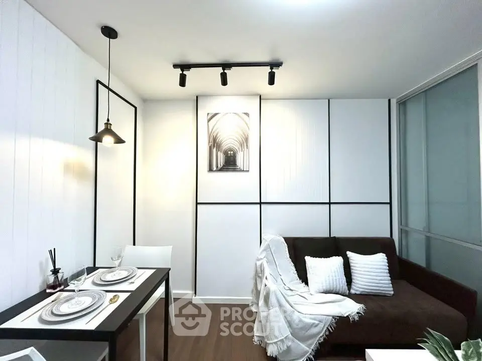 Modern living room with stylish decor and cozy seating area