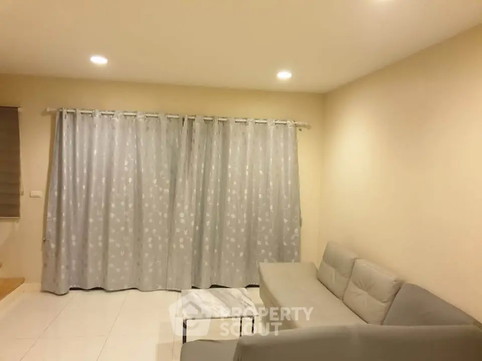 Cozy living room with modern gray sofa and elegant curtains