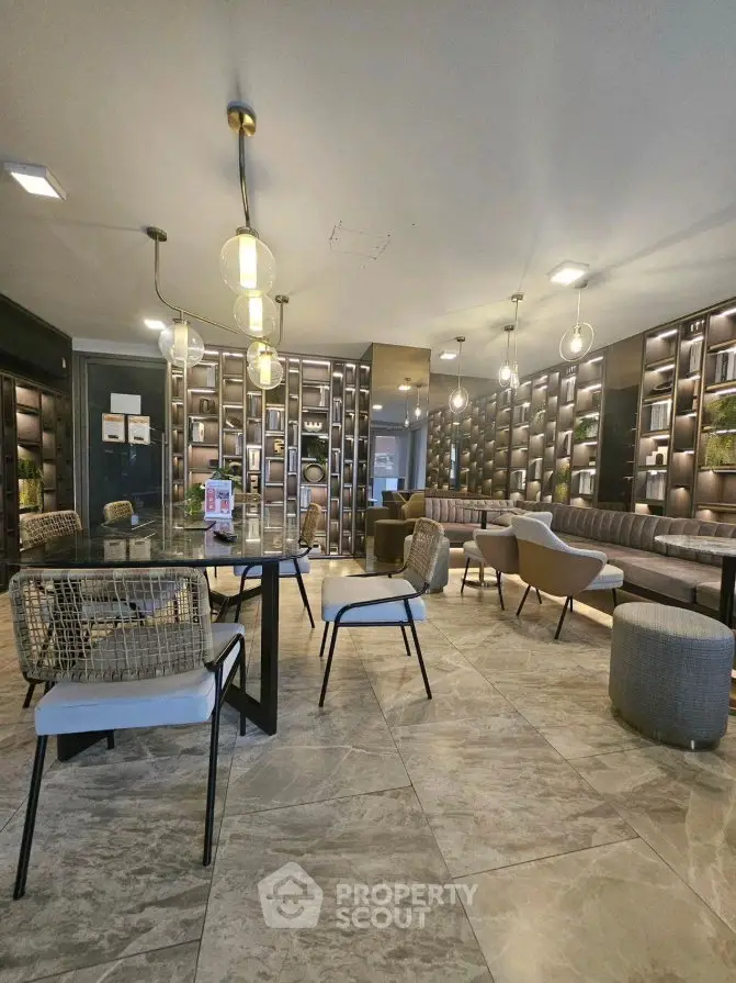 Luxurious modern library with elegant seating and ambient lighting
