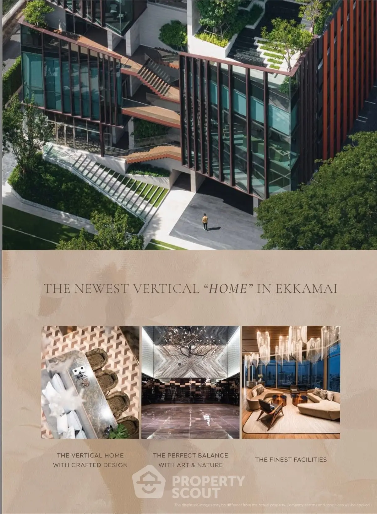 Modern architectural design of vertical home in Ekkamai with lush greenery and luxury amenities.