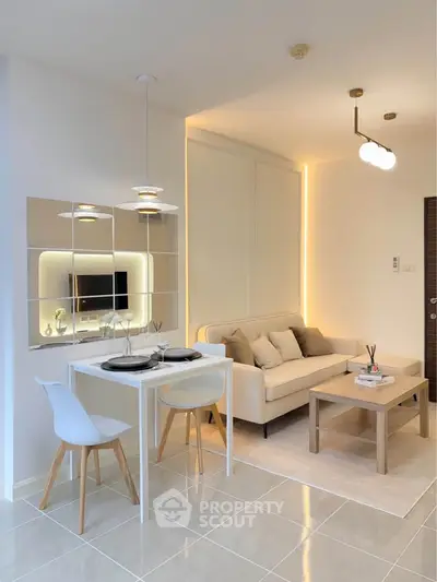 Modern living room with elegant decor and dining area in open layout