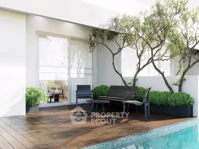 Luxurious modern balcony with poolside seating and lush greenery