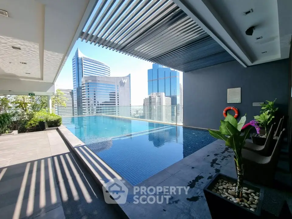 Luxurious rooftop pool with stunning city skyline view, perfect for relaxation and leisure in a modern urban setting.