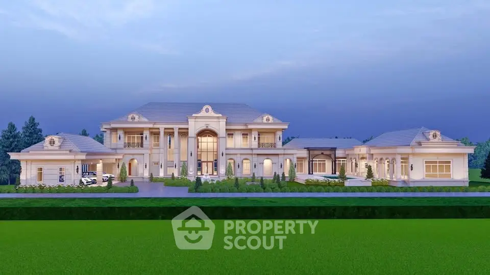Luxurious mansion exterior with grand entrance and manicured gardens at dusk.