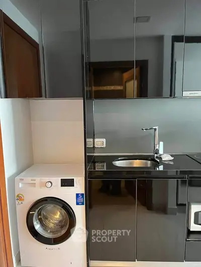 Modern kitchen with sleek black cabinets and built-in washing machine
