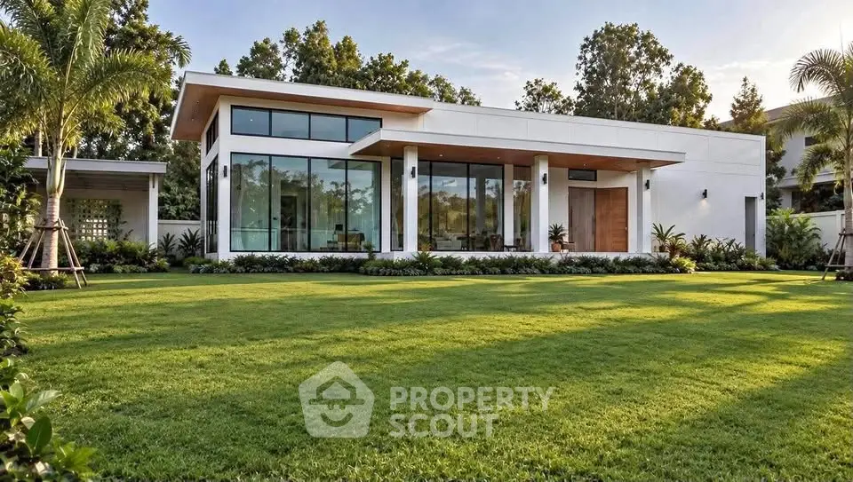 Modern luxury home with expansive lawn and sleek architectural design.