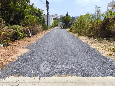 Charming gravel road leading to a serene residential area, surrounded by lush greenery and clear skies.