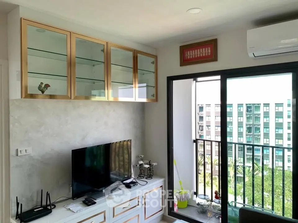Modern living room with balcony view in a stylish apartment