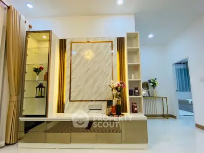 Elegant living room with modern decor and stylish shelving