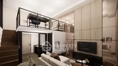 Luxurious modern living room with mezzanine, stylish decor, and open layout for sophisticated urban living.