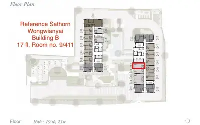 Detailed floor plan of Reference Sathorn Wongwianyai Building B, highlighting room 9/411 on 17th floor.