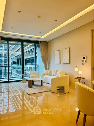 Luxurious modern living room with floor-to-ceiling windows and elegant furnishings in a high-rise apartment.