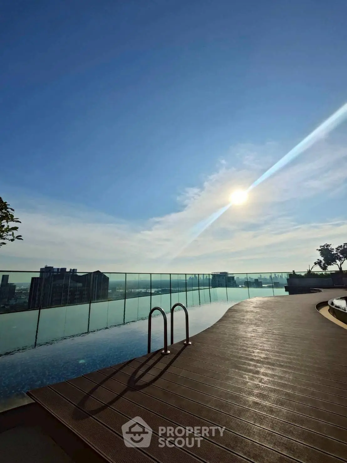Stunning rooftop pool with panoramic city views under a clear blue sky.
