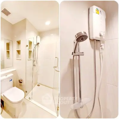 Modern bathroom with glass shower and sleek fixtures in a bright, minimalist design.