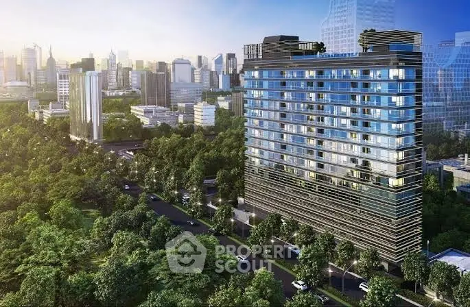 Stunning modern high-rise building with city skyline view and lush greenery.