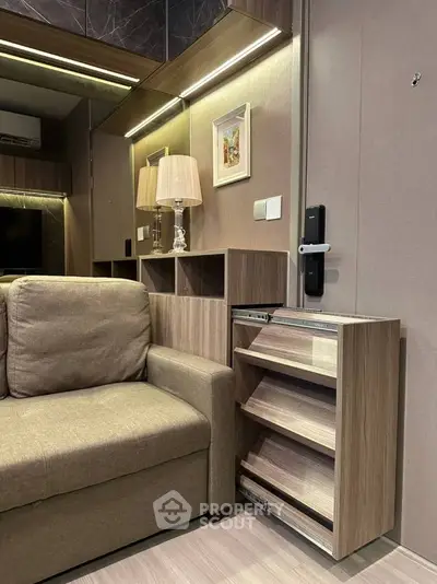 Modern living room with sleek furniture and smart storage solutions