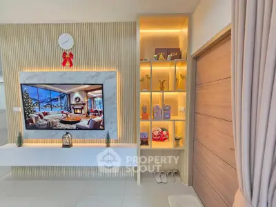 Modern living room with elegant decor and built-in shelving