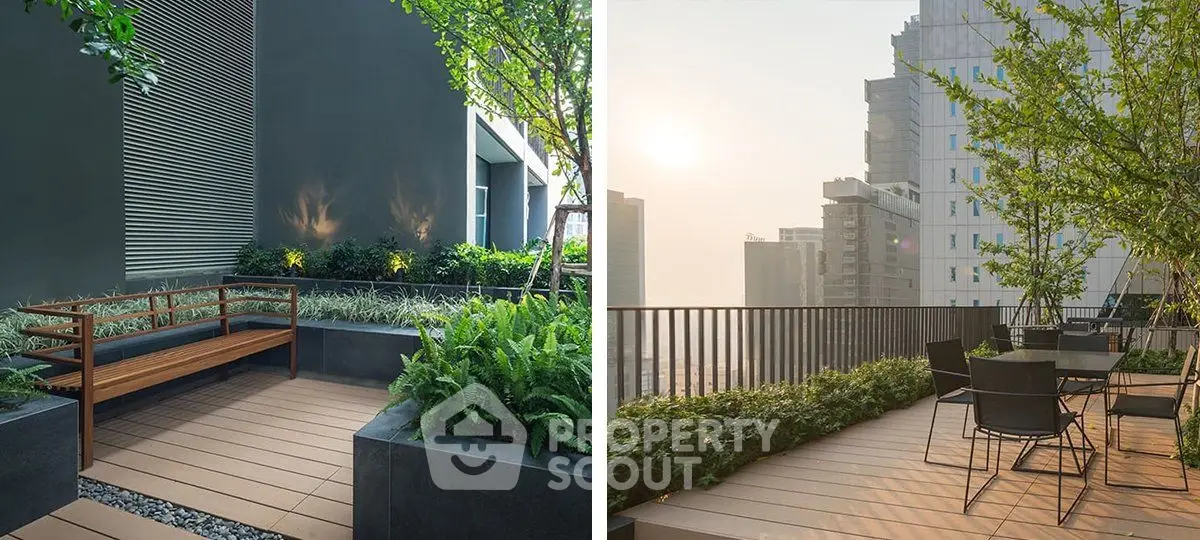 Stunning rooftop garden with modern seating and city skyline view, perfect for relaxation and entertainment.