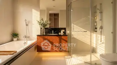 Luxurious bathroom with modern fixtures and elegant design, featuring a bathtub and glass shower enclosure.