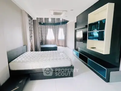Spacious modern bedroom with sleek design and ample natural light