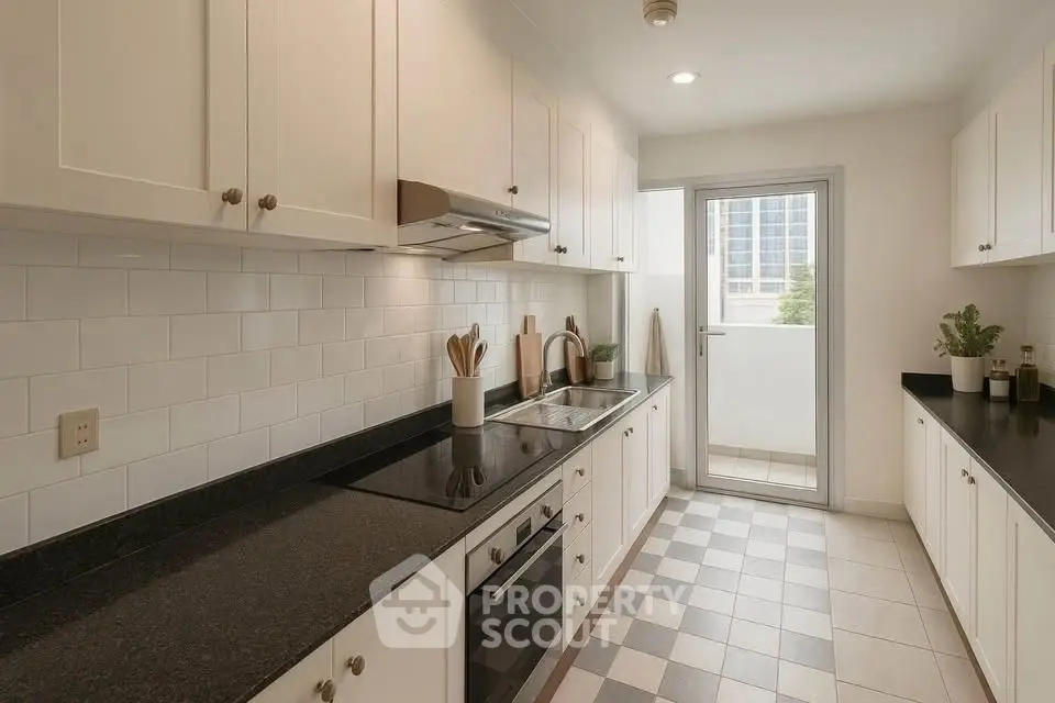 Modern kitchen with sleek cabinetry and balcony access