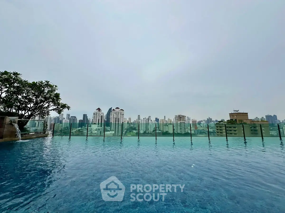 Luxurious rooftop pool with stunning city skyline view, perfect for relaxation and leisure.