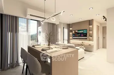 Modern living room with elegant dining area and stylish lighting in a contemporary apartment.