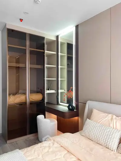 Modern bedroom with elegant decor and built-in closet