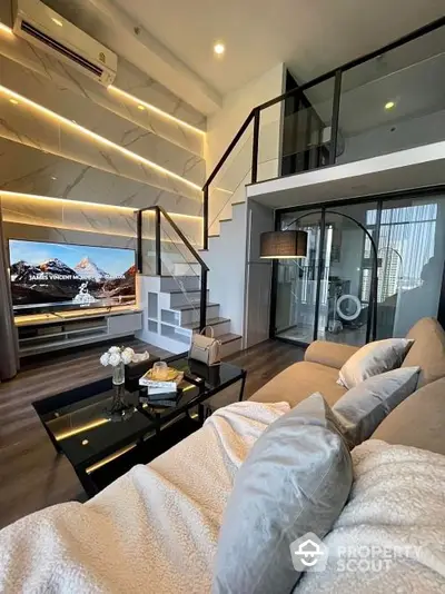 Modern loft living room with stylish decor and mezzanine level