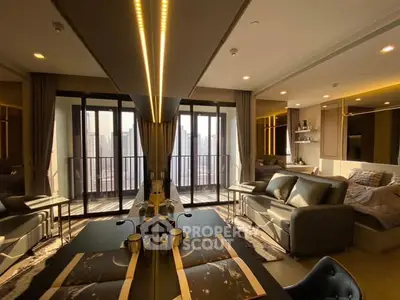 Luxurious modern living room with elegant decor and stunning city view balcony.