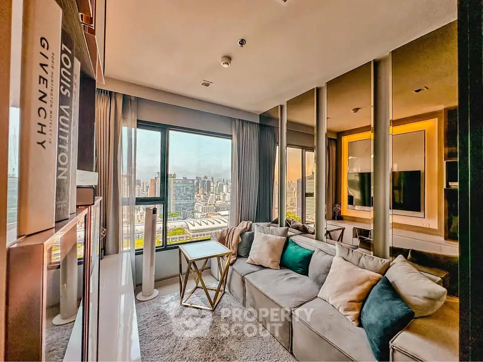 Luxurious living room with stunning city view and elegant decor