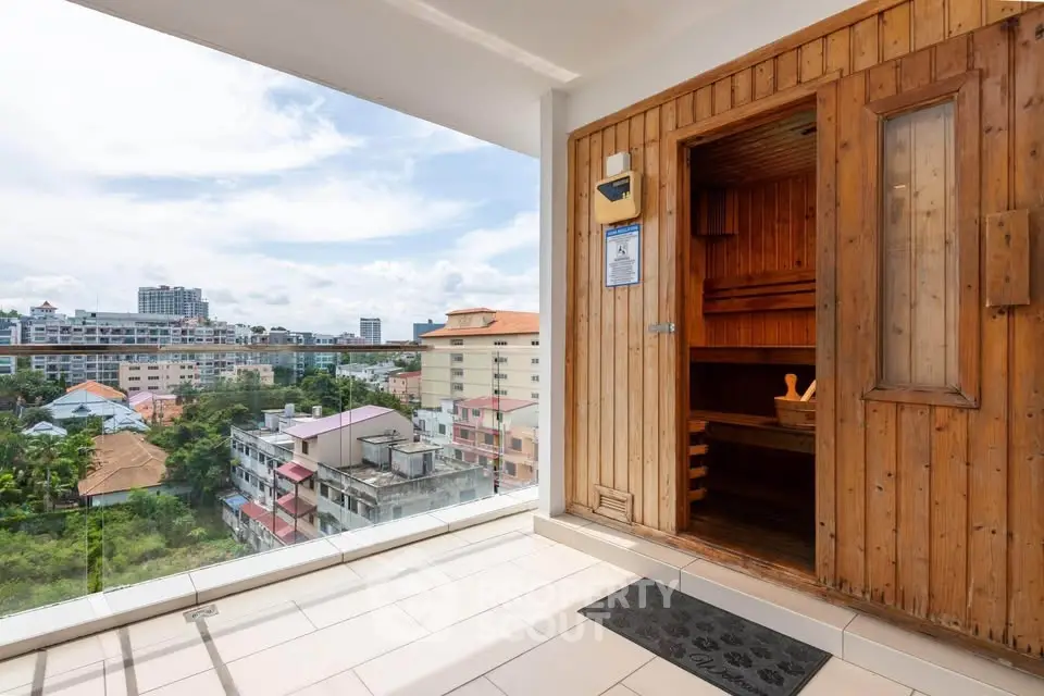 Stunning rooftop sauna with panoramic city views, perfect for relaxation and luxury living.