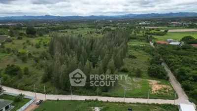 Scenic aerial view of lush green land with trees and distant mountains, ideal for real estate development.