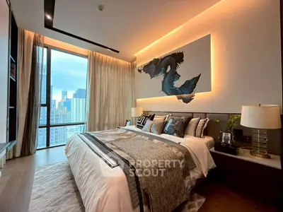 Luxurious bedroom with city view, elegant decor, and ambient lighting.