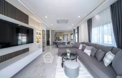 Luxurious modern living room with sleek design and spacious layout, featuring a large sectional sofa and wall-mounted TV.