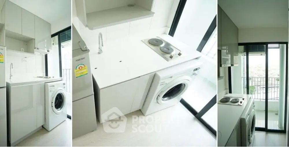 Modern compact kitchen with washing machine and electric stove, bright natural light from large windows.