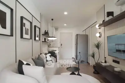 Modern living room with stylish decor and open kitchen layout