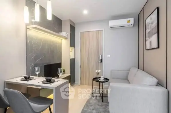 Modern living room with stylish decor and cozy seating area
