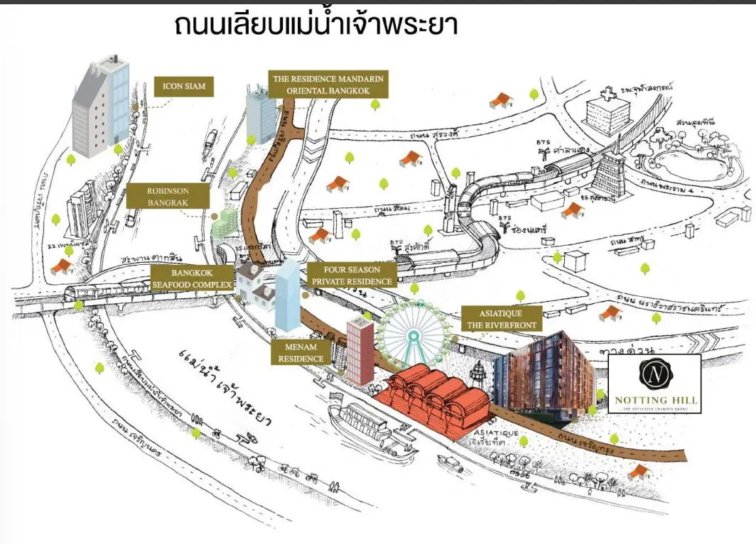 Bangkok riverside real estate map highlighting luxury residences and landmarks.