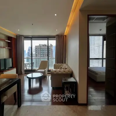 Modern living room with elegant furniture and city view balcony in luxury apartment.