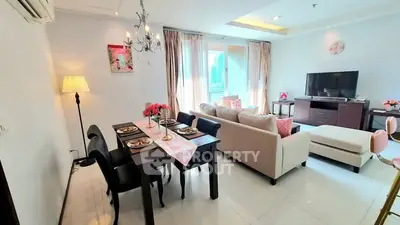 Spacious living room with elegant dining area and city view, perfect for modern urban living.