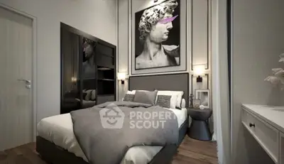 Modern bedroom with stylish decor and large artwork above bed