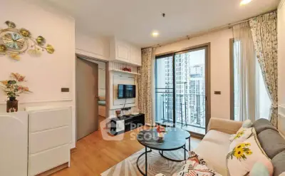 Modern living room with balcony view in high-rise apartment