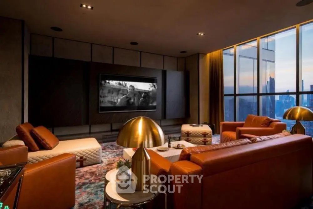 Luxurious living room with leather sofas and stunning city view