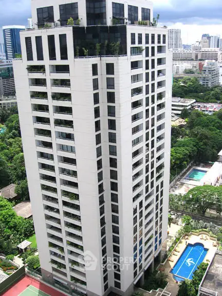 Stunning high-rise building with pool and lush greenery in urban setting