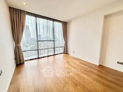 Spacious empty room with large windows and city view, perfect for customization.