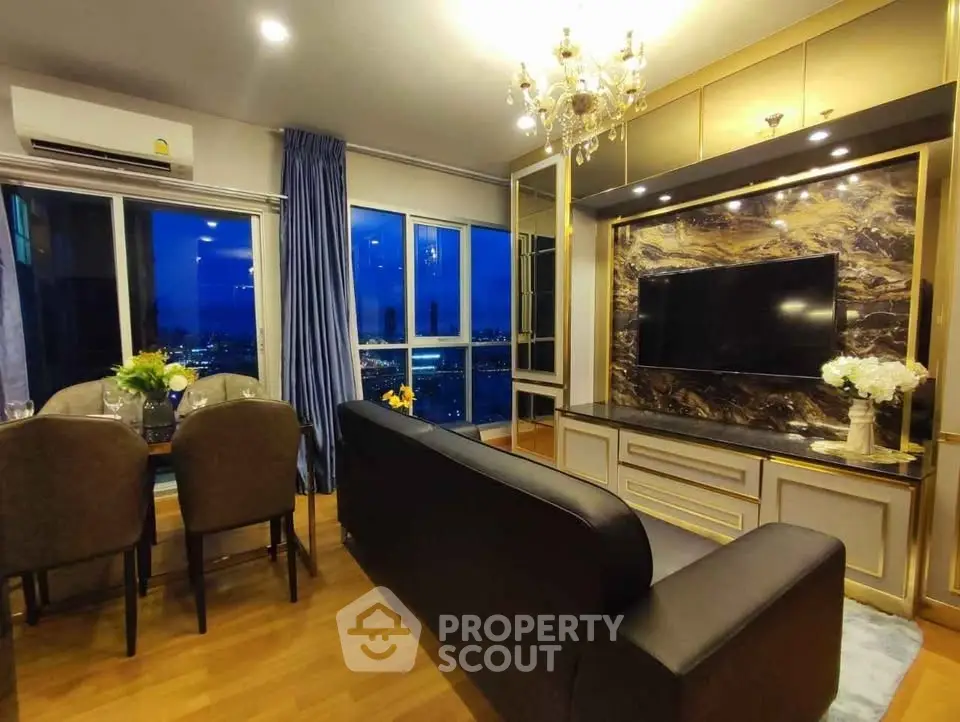 Luxurious living room with elegant decor and stunning city view