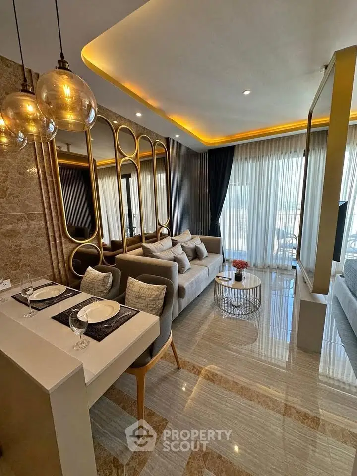 Luxurious modern living room with elegant decor and dining area